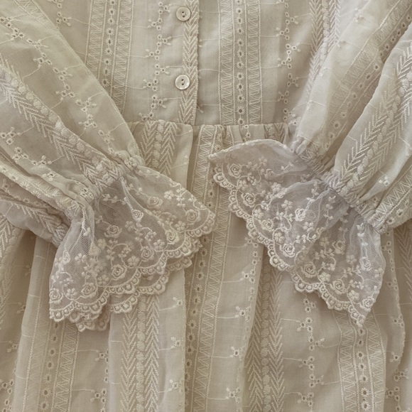 Eyelet lace cottage core romantic dress cream collar button tie waist xs small - Picture 5 of 11